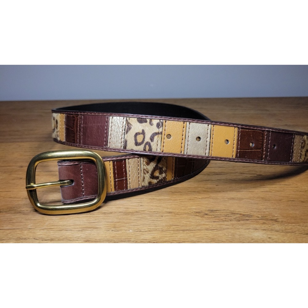 FOSSIL Leather Patchwork Brown Belt Brass Buckle Womens Small Leopard Croc Print